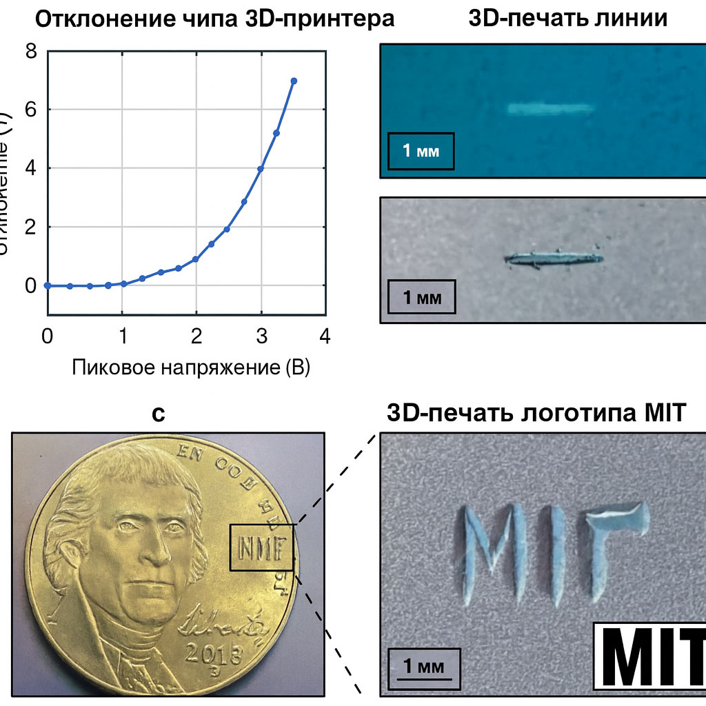 Эксперимент с фотонным чипом 3D-принтера: график зависимости отклонения луча от напряжения, примеры микропечати линии и логотипа MIT размером около 1 миллиметра.